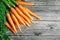 Fresh Carrot on Wooden Table in Garden. Vegetables Vitamins Keratin. Natural Organic Carrot lies on Wooden background