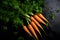 Fresh carrots on a dark background, with water droplets on the surface.