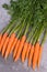 A fresh carrots on a grey structured background, close up