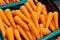 Fresh carrots piled high on a market stall