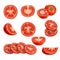 Fresh cartoon tomatoes. Red vegetables in flat design. Cut an sliced, single and group farm fresh tomatoes. Vector illustrations i