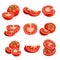 Fresh cartoon tomatoes. Red vegetables in flat design. Cut an sliced, single and group farm fresh tomatoes. Vector illustrations i