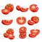 Fresh cartoon tomatoes. Red vegetables in flat design. Cut and slices, single and group farm fresh tomatoes. Vector illustrations