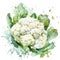 Fresh cauliflower in watercolor, its white florets enhanced by green leaves