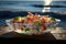 Fresh Ceviche Bowl: Oceanic Delight on a Coastal Wooden Setting with Fishing Nets