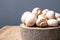 Fresh champignon greenhouse mushrooms on a rustic stand on a gray background with copy space