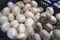 Fresh champignons on a store counter close-up