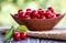 Fresh cherries in bowl on table