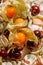 Fresh cherries, physalis and white sea shells