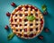 fresh cherry pie with lattice on blue background top view
