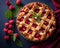 fresh cherry pie with lattice on a dark blue background