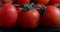 Fresh cherry tomatoes with drops of water spin on a black plate