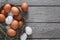 Fresh chicken brown eggs on sack, organic farming background