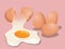 Fresh chicken eggs and crack egg with yolk and eggshell on light pink background