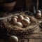 fresh chicken eggs in hay nest on a wooden background.