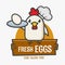 Fresh chicken eggs logo. Funny chicken wearing a chef\\\'s hat serves eggs on a tray. Design for print, emblem, t-shirt, party