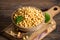 Fresh chickpeas in wooden bowl