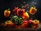 Fresh chili peppers floating in the air, green red yellow, Cinematic advertising photography. Studio lighting, realistic