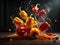 Fresh chili peppers floating in the air, green red yellow, Cinematic advertising photography. Studio lighting, realistic