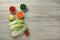 Fresh Chinese cabbages and other kimchi ingredients on wooden table, flat lay. Space for text