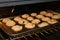 Fresh chocolate chip cookies being baked in an oven