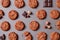 Fresh chocolate chip cookies pattern on grey background