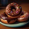 Fresh chocolate donuts in icing and sprinkles in a plate on a dark background. Generative AI. Concept sweet and delicious food