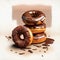 Fresh chocolate donuts in icing and sprinkles stacked on a white background. Generative AI. Concept sweet and delicious food