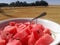 Fresh chopped watermelon, product of the garden.