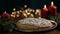 Fresh Christmas cake cooked to celebrate the New Year and Christmas, stands on a decorated table with Christmas tree