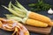 Fresh, cleaned corn is located on a wooden board on a dark background