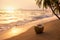 Fresh coconut cocktails on sandy tropical beach at sunset time