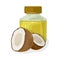 Fresh coconut halves are near transparent jar closed by cap with curative oil.
