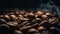 Fresh coffee bean heap, dark backdrop, selective focus, aromatic scent generated by AI