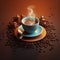 Fresh coffee steams on dark background close up