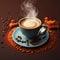 Fresh coffee steams on dark background close up
