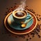 Fresh coffee steams on dark background close up