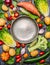 Fresh colorful organic season vegetables ingredients around empty steel plate on rustic wooden background, top view, copy space