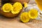 Fresh coltsfoot Tussilago farfara flowers on a table