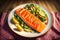 Fresh cooked delicious salmon steak with salad lemon potato by AI Generated