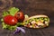 fresh cooked meat veggies kebab. High quality photo