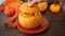 Fresh cooked pumpkin soup served in a pumpkin. Stuffed pumpkin. Woman hand opens the lid. Autumn warm and cozy food