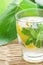 Fresh Cool Infused Detox Water with Ripe Organic Sliced Lemons Mint in Frosty Glass on Wicker Table. Tropical Plants Background