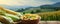 Fresh corn and cobs in bowl on rustic wooden table, Corns field in background