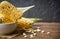 Fresh corn on sack and sweet corn seed rustic wooden table background