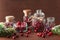 Fresh cranberry in glass jars, winter decoration