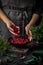 Fresh cranberry in woman hands. Dark kitchen table