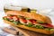 Fresh crispy baguette filled with ham, crunchy lettuce, sweet tomatoes, juicy cucumber, aromatic cheese and mayonnaise