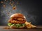 Fresh crispy fried chicken burger sandwich with flying ingredients and french fries on wooden table on dark background. AI