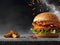 Fresh crispy fried chicken burger sandwich with flying ingredients and french fries on wooden table on dark background. AI
